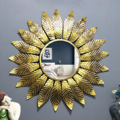 Slender Leaf Golden Round Mirror Wall Decor