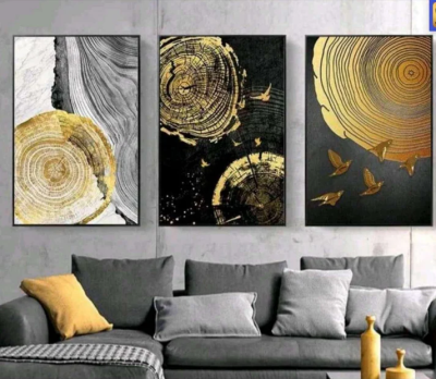 Evvan Gold and Black Abstract Wall Painting set of 3 with golden frame