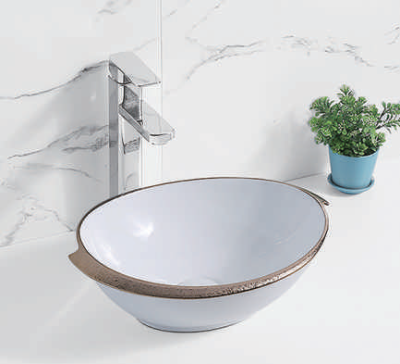 Evaan White With Rose Gold Lines  table top art basin SF 9458-4