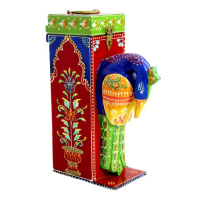 OPPERSTE WOODEN HAND PAINTED WINE BOX WITH PEACOCK DESIGN