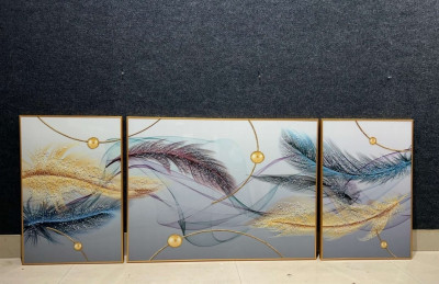 Evvan Golden blue feather Abstract Wall Painting set of 3