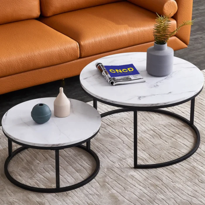 White Marble Round Iron Stand Coffee Tables Set of 2 (Black)