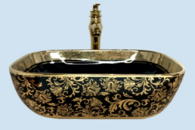 POWER PLUS Glossy Black + Gold Table Top Basin PPTT-523