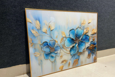 Evvan BLUE FLOWERS WITH GOLDEN LEAVES CRYSTAL HD WALL PAINTING WITH GOLDEN FRAME