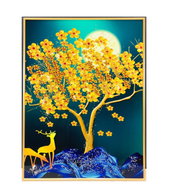 Evaan Golden tree & gold deer Printed Painting Wall décor