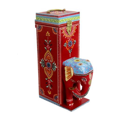 OPPERSTE WOODEN HAND PAINTED WINE BOX WITH ELEPHANT DESIGN