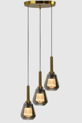 Neptune 3 Light Smokey Glass Gold Brass Plated Metal Chandelier Ceiling Hanging Lights  CD3430/3