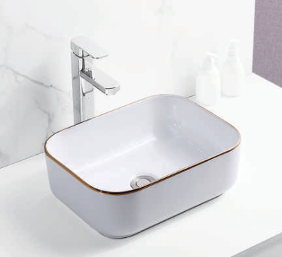 Evaan White With Rose Gold lines table top art basin SF 9465-11