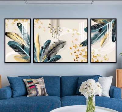 Evvan Abstract Gold Blue leaves and flowers set of 3 Crystal Wall Painting