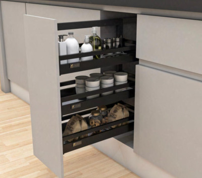 Kitchen Soft-Closing Shelf  Side Mounting Pullout Unit (Stainless Steel Titan Grey Finish)  3 shelf
