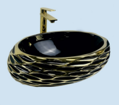 POWER PLUS Glossy Black With Gold Table Top Basin PPTT-594