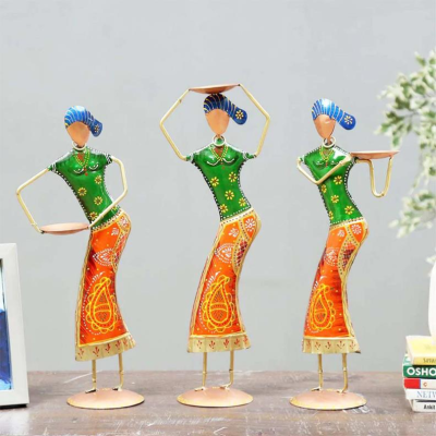 OPPERSTE ANTIQUE METAL LADY FARMER FIGURINE SET OF 3