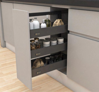 Kitchen Soft-Closing Shelf  Side Mounting Pullout Unit  (Stainless Steel Metalic Grey Finish)  3 shelf