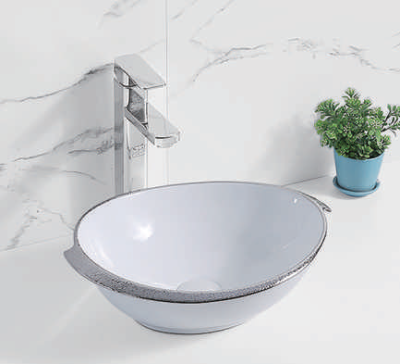 Evaan White With Silver Lines  table top art basin SF 9458-4