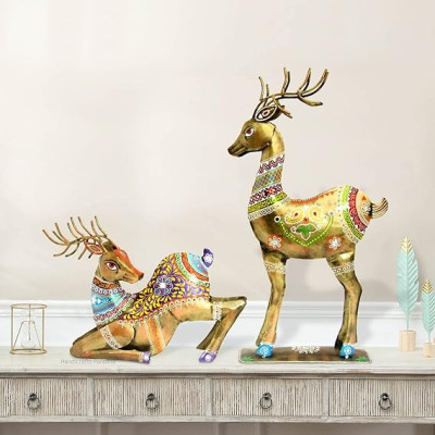 OPPERSTE IRON MULTICOLOR DEER SHOWPIECE SET OF 2