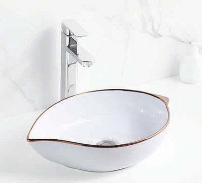 Evaan White With Rose Gold Lines table top art basin SF 9466-1