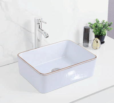 Evaan White With Rose Gold Lines table top art basin SF 9564A-1