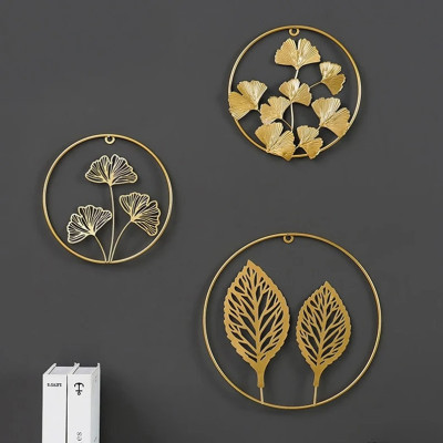 Set of 3 Living Room Gold Metal Leaf