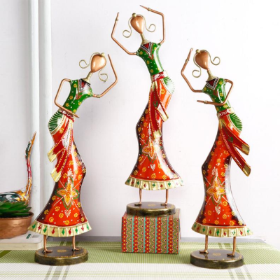 OPPERSTE MULTICOLOUR IRON RAJASTHANI DANCING LADY FIGURINE SET OF 3