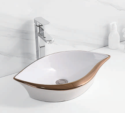 Evaan white rose gold lines table top art basin SF 9324-1