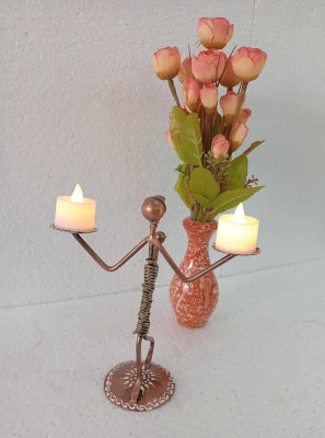 OPPERSTE IRON PAINTED LADY WITH KID 2 TEA LIGHT STAND