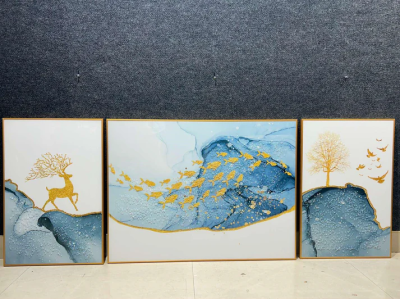 Evvan Abstract Deer and fish gold color Wall Painting set of 3