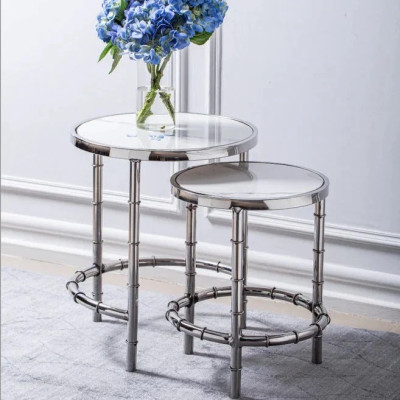 Silver Nesting Table Set of 2 with White Marble