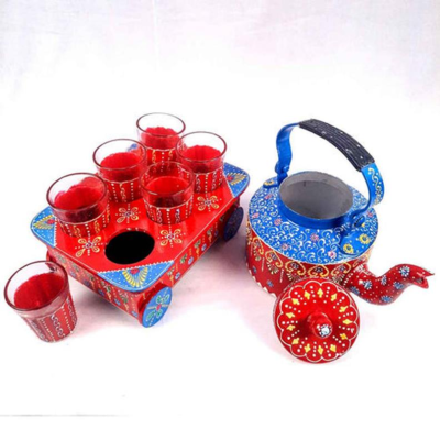 OPPERSTE RED DECORATIVE TEA KETTLE TEAPOT SET WITH 6 GLASSES