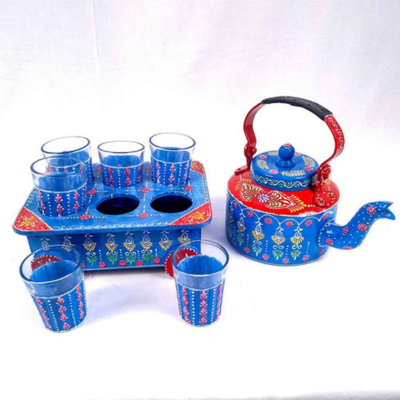 OPPERSTE BLUE DECORATIVE TEA KETTLE TEAPOT SET WITH 6 GLASSES