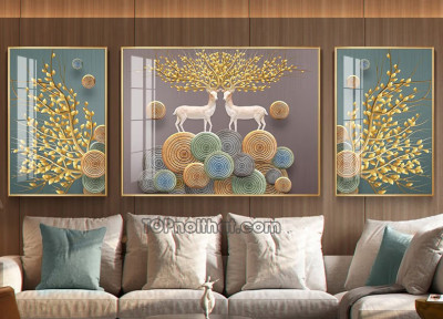 Evaan Deer White Auspicious Tree 3 Canvas set
