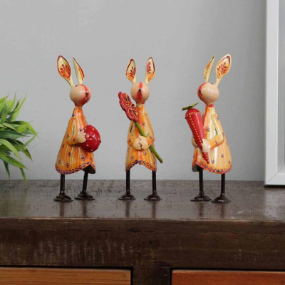 OPPERSTE IRON MULTICOLOR RABBIT SMALL ANIMAL FIGURINE SET OF 3