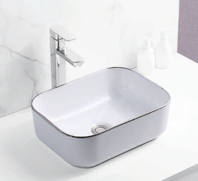 Evaan White With silver lines table top art basin SF 9465-11