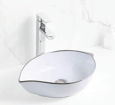 Evaan White With Silver Lines  table top art basin SF 9466-1
