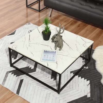 Living Room Center Coffee Table with White Square Marble Top and Black Finish Frame