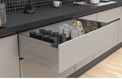 Crom Tandem Drawer Slim Box System with Decorative Cover & Soft Close Channel  ( Stainless Steel Pvd Aluminium Brush Finish)