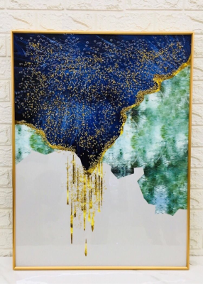 Evaan Oil Painting,Large Abstract Blue Ocean Gold Foil Vertical Hand Painted