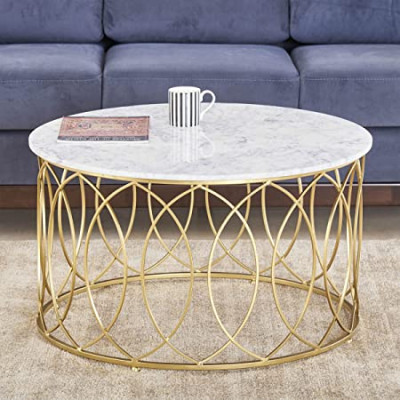 Gold Metal With White Marble Top Round Coffee Table